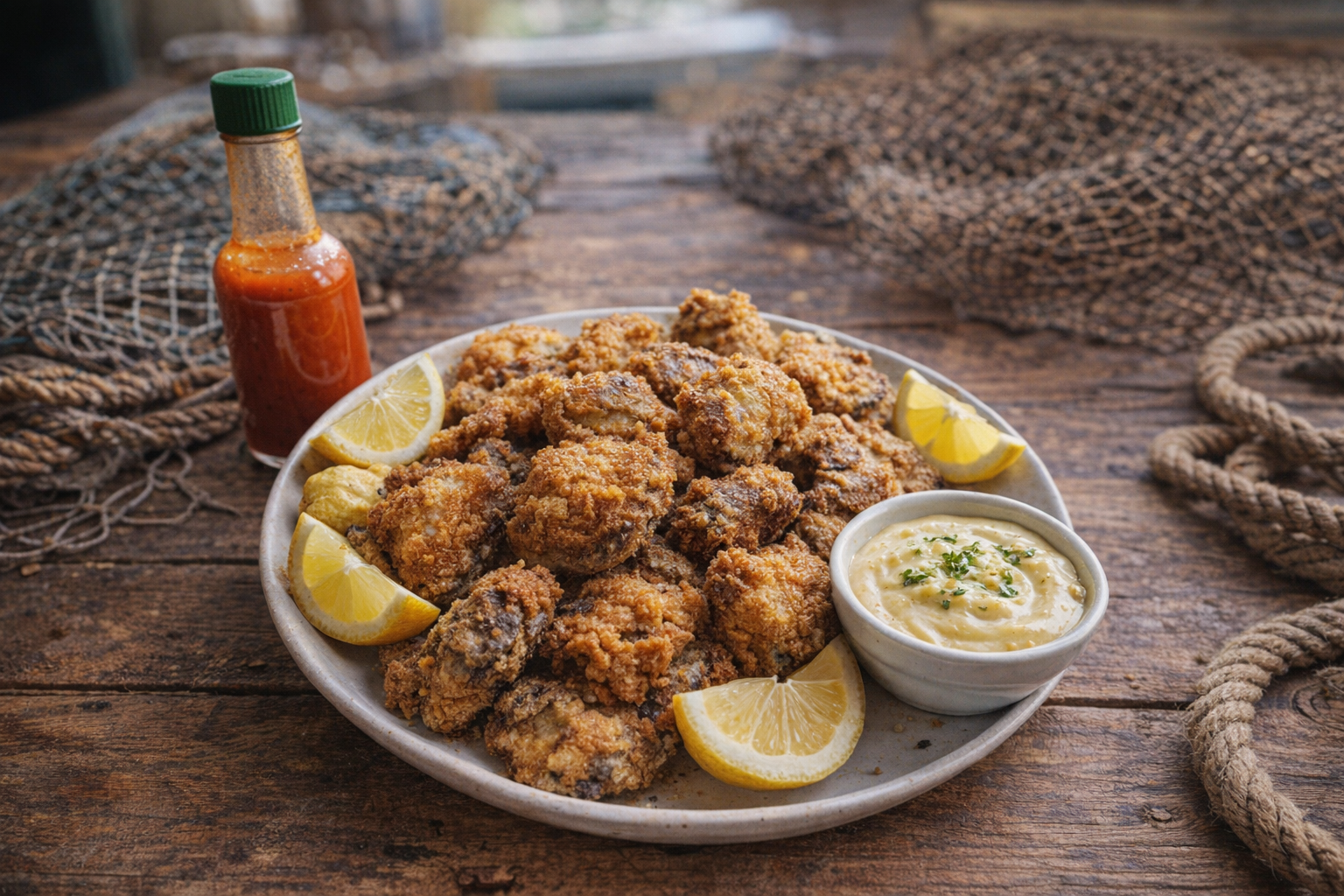 A platter of pan-fried oysters served with lemon wedges, hot sauce, and a small bowl of aioli, displayed on a rustic wooden table with a nautical theme